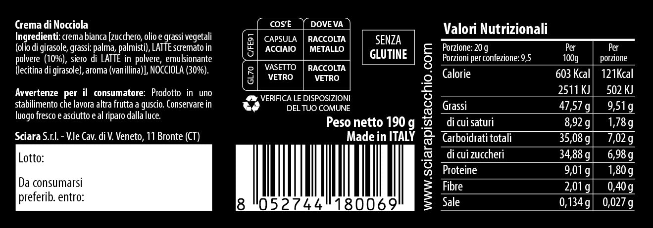 Crema di Nocciola 190 grammi - La Classica - Sciara La terra del pistacchio Bronte