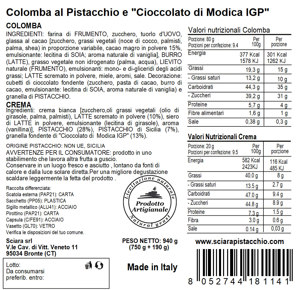 Colomba with Pistachio and "Modica Chocolate PGI"