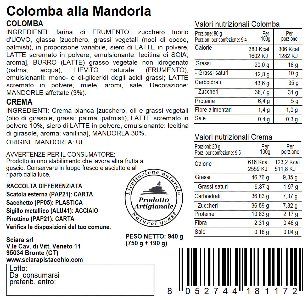Colomba alla Mandorla a lievitazione naturale - Sciara La terra del pistacchio Bronte