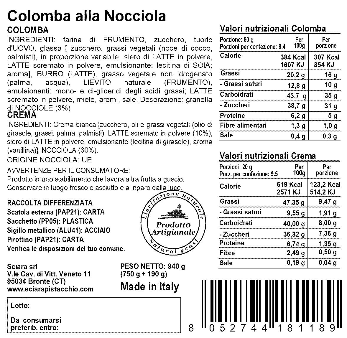 Colomba alla Nocciola a lievitazione naturale - Sciara La terra del pistacchio Bronte