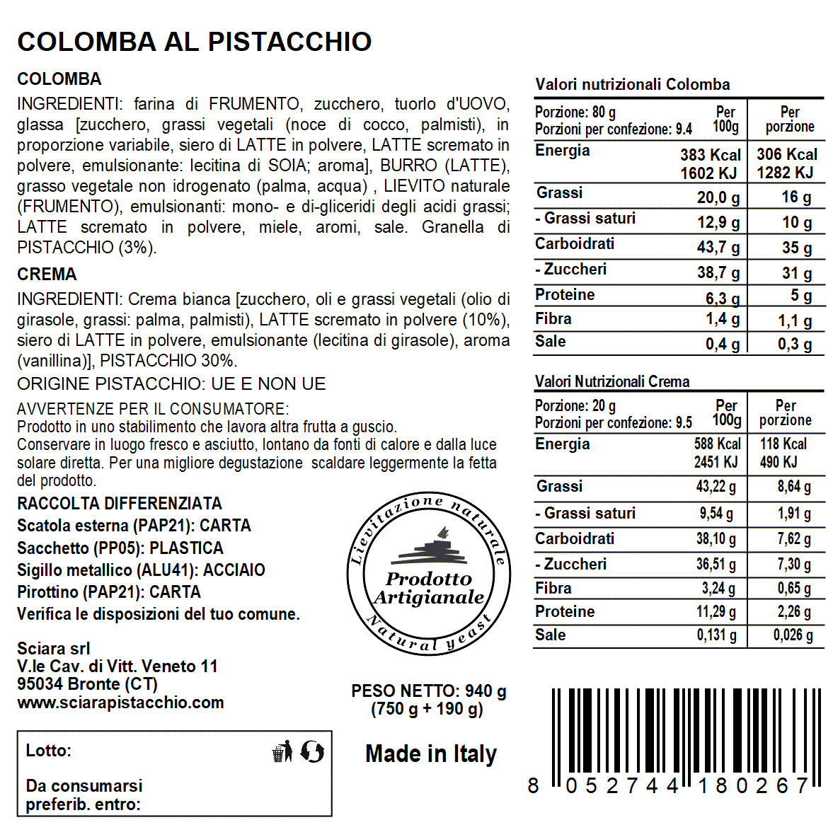 Colomba al Pistacchio e Uovo al Pistacchio - Sciara La terra del pistacchio Bronte