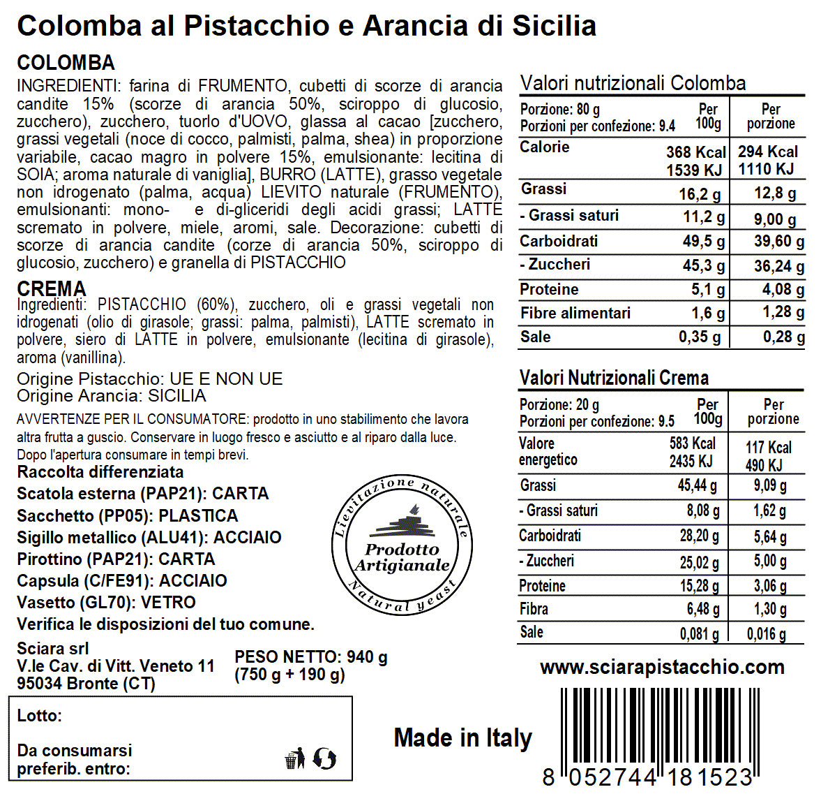 Colomba Pistacchio e Arancia di Sicilia con Crema di Pistacchio al 60% - Sciara La terra del pistacchio Bronte