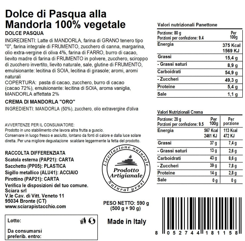 Dolce di Pasqua alla Mandorla senza latte con Olio extravergine d'oliva - Sciara La terra del pistacchio Bronte
