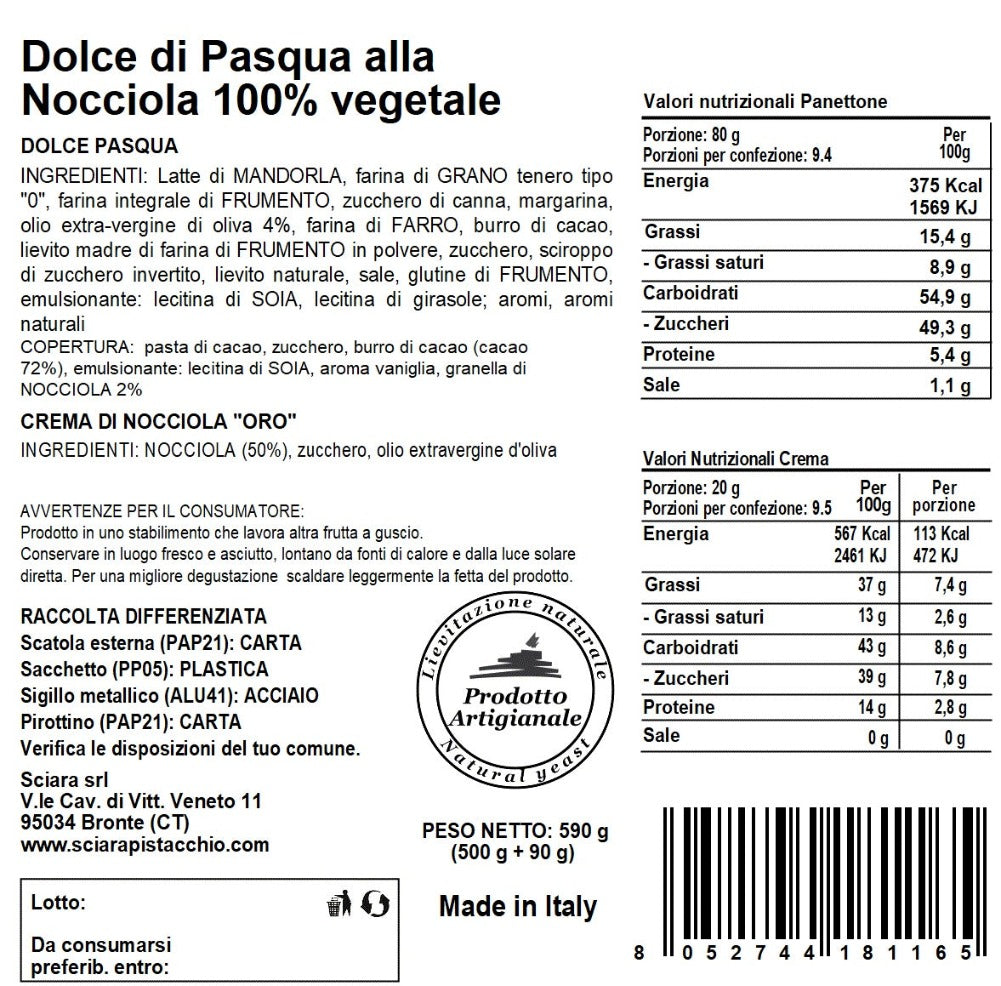 Dolce di Pasqua alla Nocciola senza latte con Olio extravergine d'oliva - Sciara La terra del pistacchio Bronte