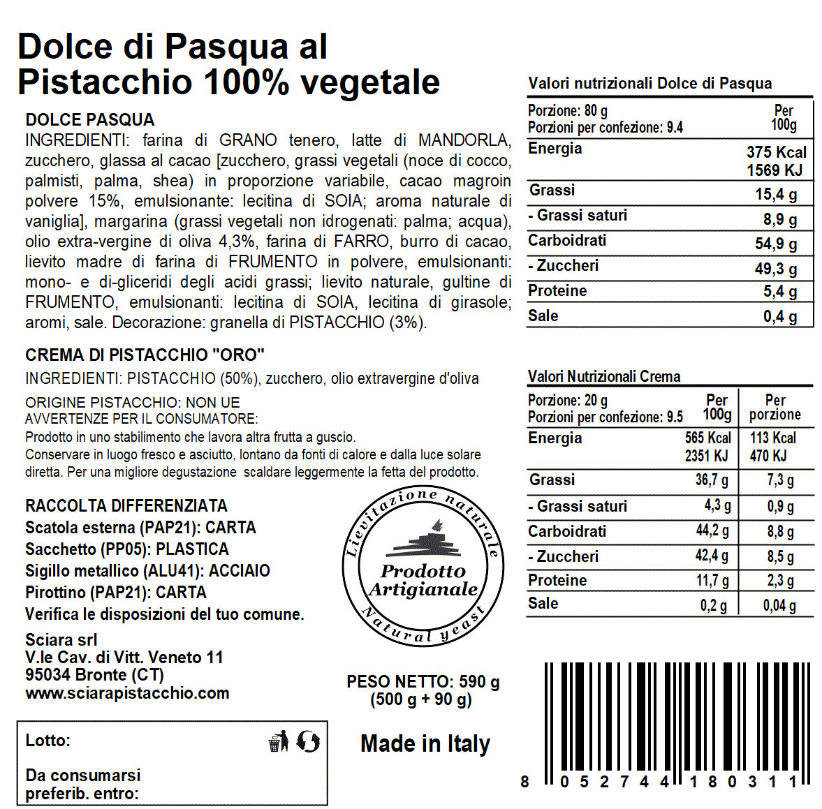 Dolce di Pasqua al Pistacchio senza latte con Olio extravergine d'oliva - Sciara La terra del pistacchio Bronte