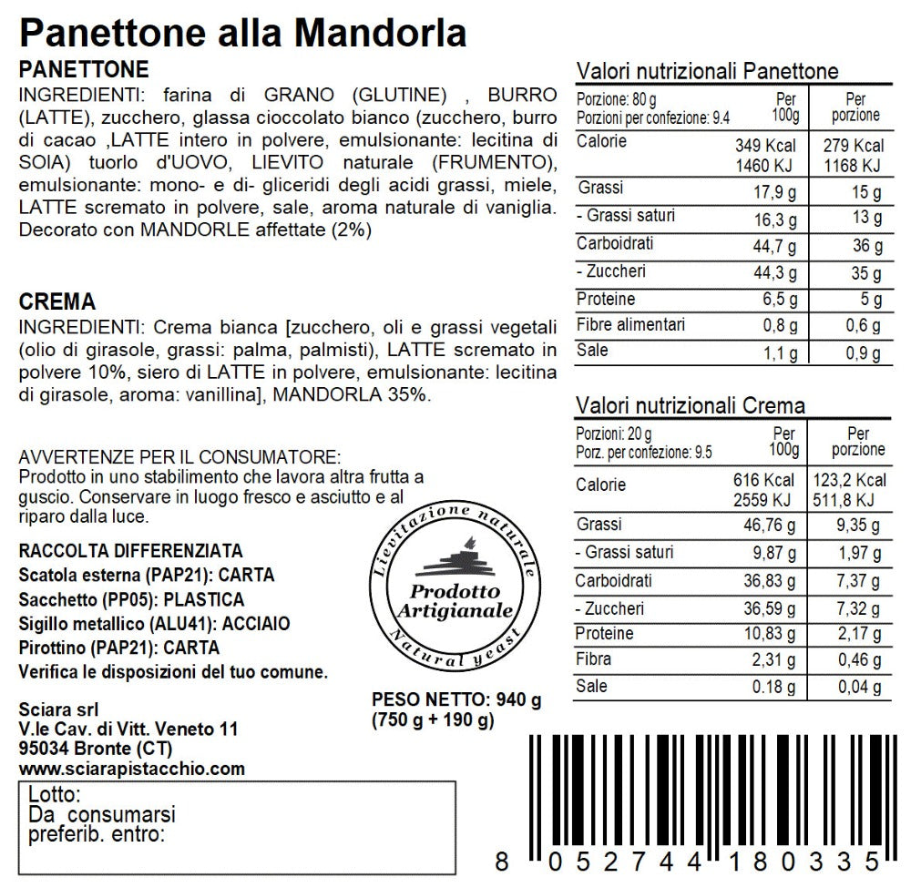 Panettone alla Mandorla a lievitazione naturale - Sciara La terra del pistacchio Bronte