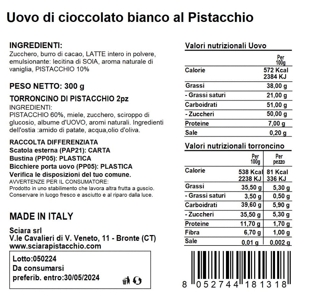 Uovo al Pistacchio 300 grammi con sorpresa - Sciara La terra del pistacchio Bronte