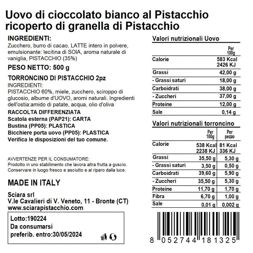 Uovo con Granella di Pistacchio 500 grammi con sorpresa - Sciara La terra del pistacchio Bronte