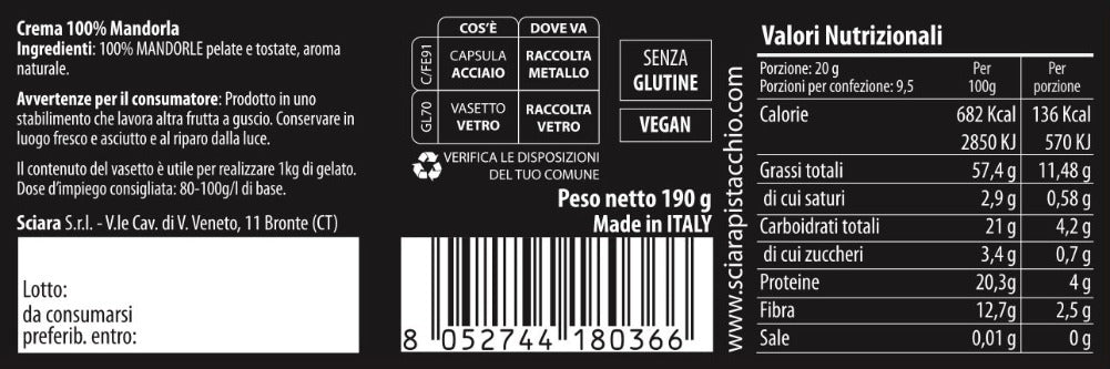 Crema 100% Mandorla senza zucchero - La Pura - Sciara La terra del pistacchio Bronte