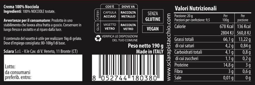 Crema 100% Nocciola senza zucchero - La Pura - Sciara La terra del pistacchio Bronte