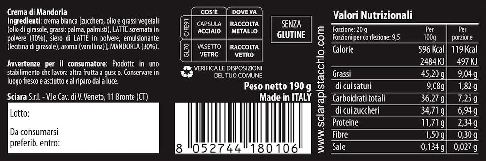 Crema di Mandorla 190 grammi - La Classica - Sciara La terra del pistacchio Bronte
