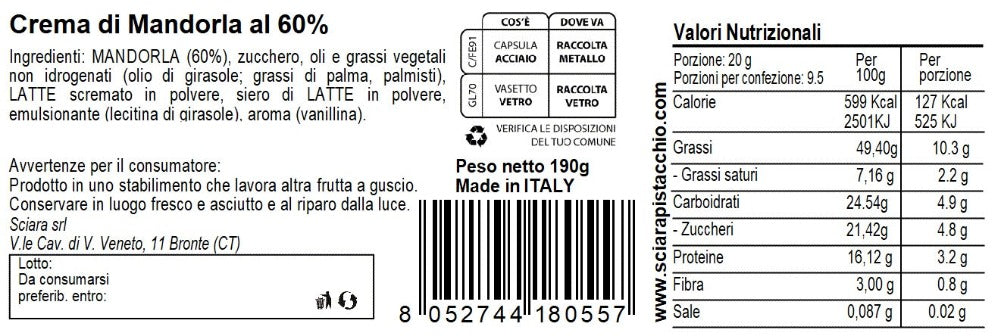 Crema di Mandorla al 60% 190 grammi - La Intensa - Sciara La terra del pistacchio Bronte