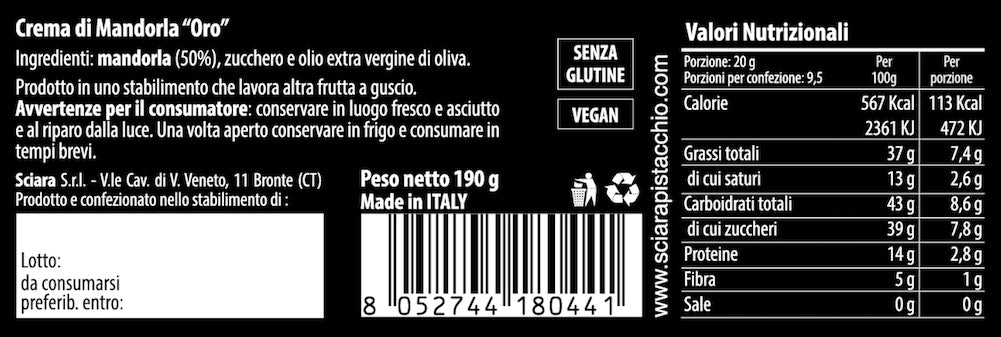 Crema di Mandorla senza latte - La Oro - Sciara La terra del pistacchio Bronte