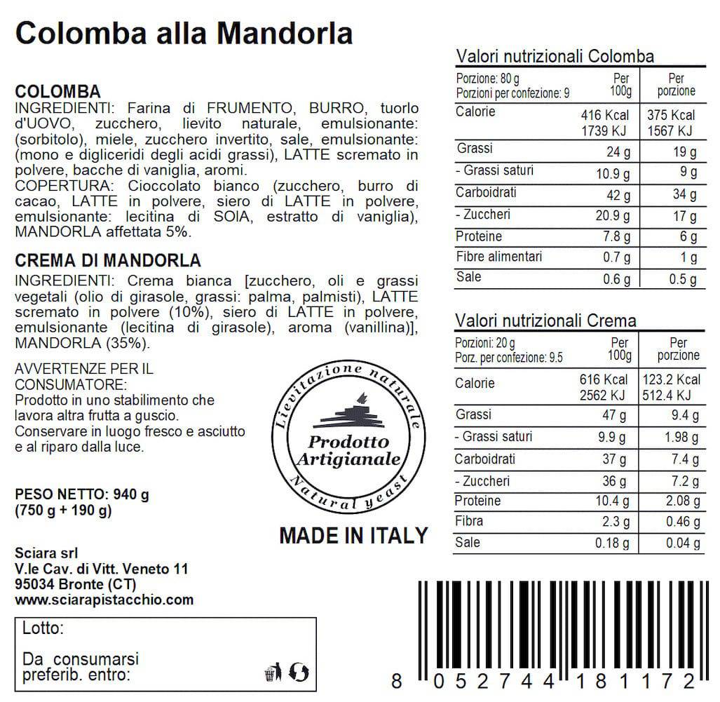 Colomba alla Mandorla a lievitazione naturale - Sciara La terra del pistacchio Bronte