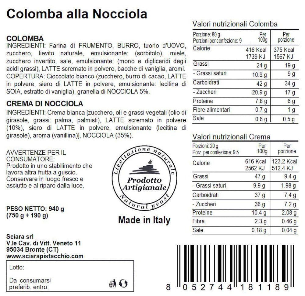 Colomba alla Nocciola a lievitazione naturale - Sciara La terra del pistacchio Bronte