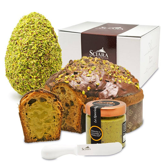 Colomba Pistacchio e "Cioccolato di Modica IGP" e Uovo al Pistacchio con Granella - Sciara La terra del pistacchio Bronte