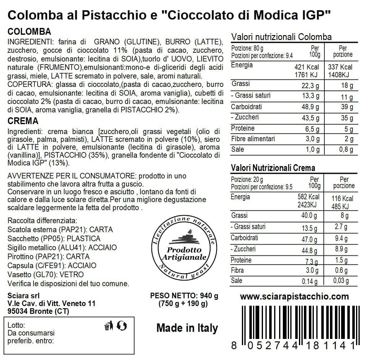 Colomba Pistacchio e "Cioccolato di Modica IGP" e Uovo al Pistacchio con Granella - Sciara La terra del pistacchio Bronte