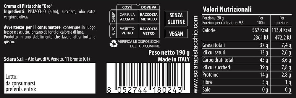 Mix Creme spalmabili senza latte Pistacchio, Mandorla e Nocciola 190 grammi x 3 - Le Oro - Sciara La terra del pistacchio Bronte