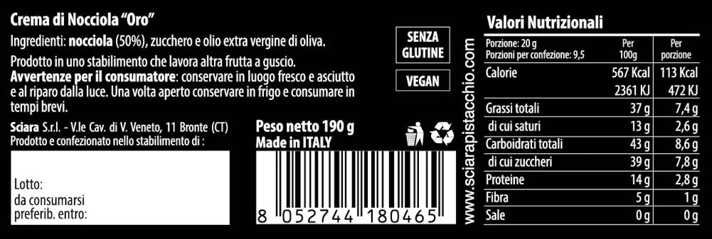 Crema di Nocciola senza latte - La Oro - Sciara La terra del pistacchio Bronte