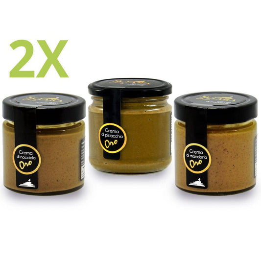 Mix Creme spalmabili senza latte Pistacchio, Mandorla e Nocciola 190 grammi x 3 - Le Oro - Sciara La terra del pistacchio Bronte
