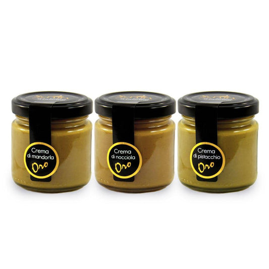 Mix Creme spalmabili senza latte Pistacchio, Mandorla e Nocciola 90 grammi x 3 - Le Oro - Sciara La terra del pistacchio Bronte