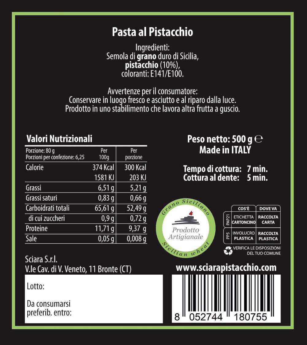 Pennette al Pistacchio confezione 500 grammi - Sciara La terra del pistacchio Bronte
