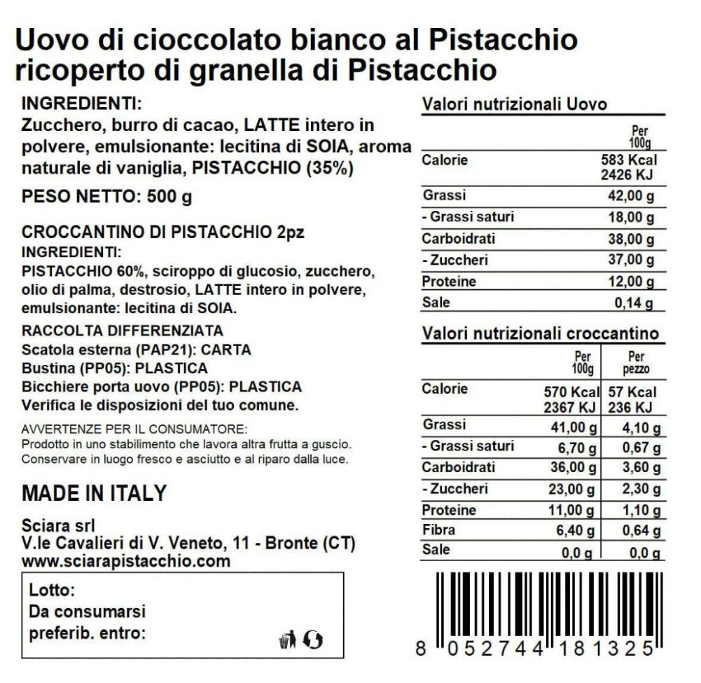 Uovo con Granella di Pistacchio 500 grammi con sorpresa - Sciara La terra del pistacchio Bronte