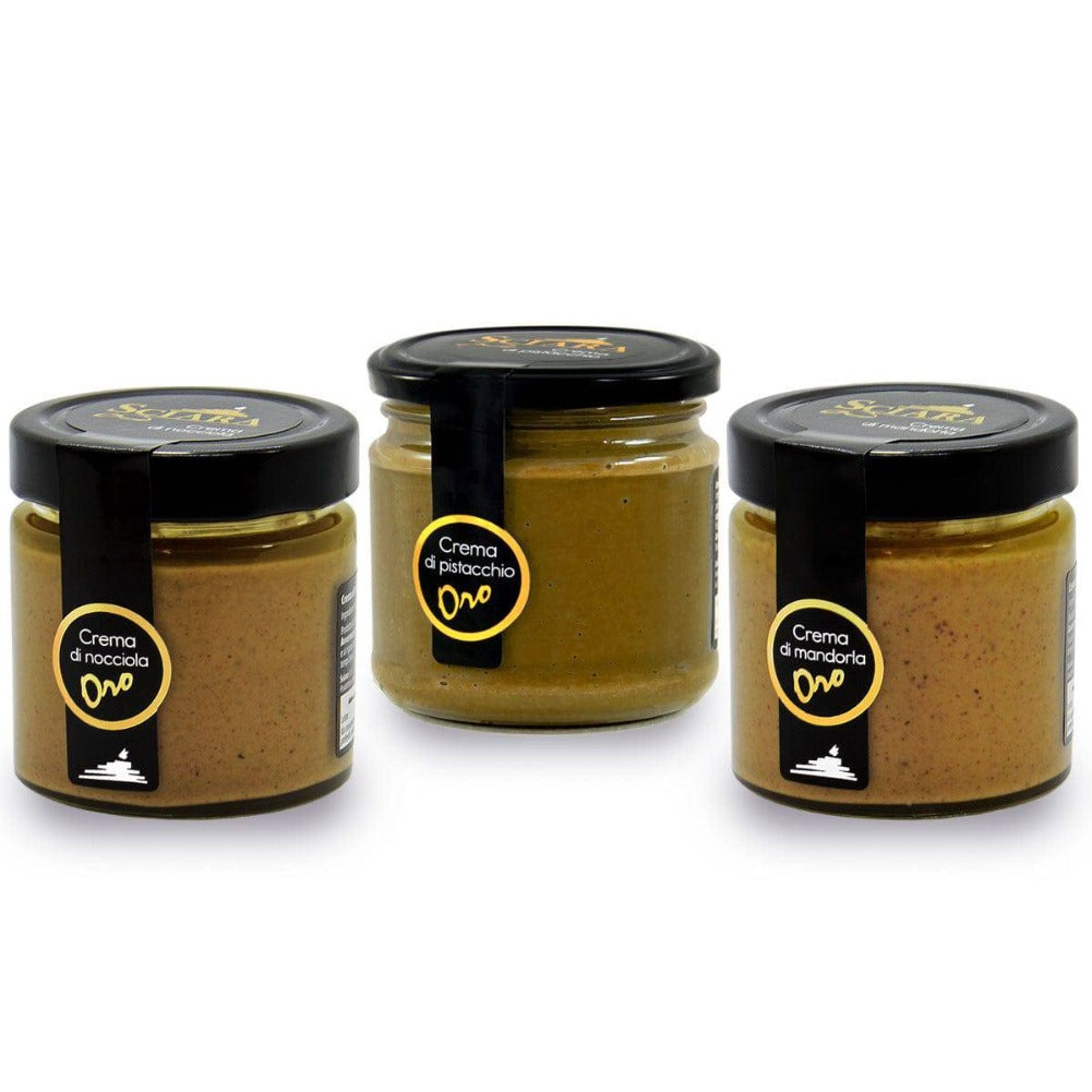 Mix Creme spalmabili senza latte Pistacchio, Mandorla e Nocciola 190 grammi x 3 - Le Oro - Sciara La terra del pistacchio Bronte
