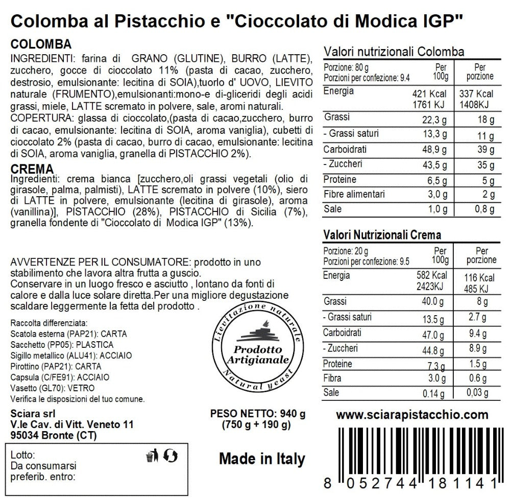 Colomba Pistacchio e "Cioccolato di Modica IGP" - Sciara La terra del pistacchio Bronte