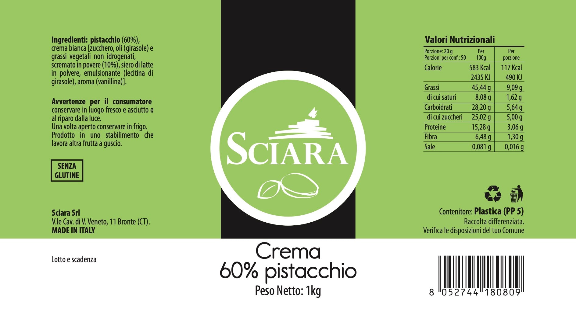 etichetta crema di pistacchio 60% intensa sciara pistacchio bronte