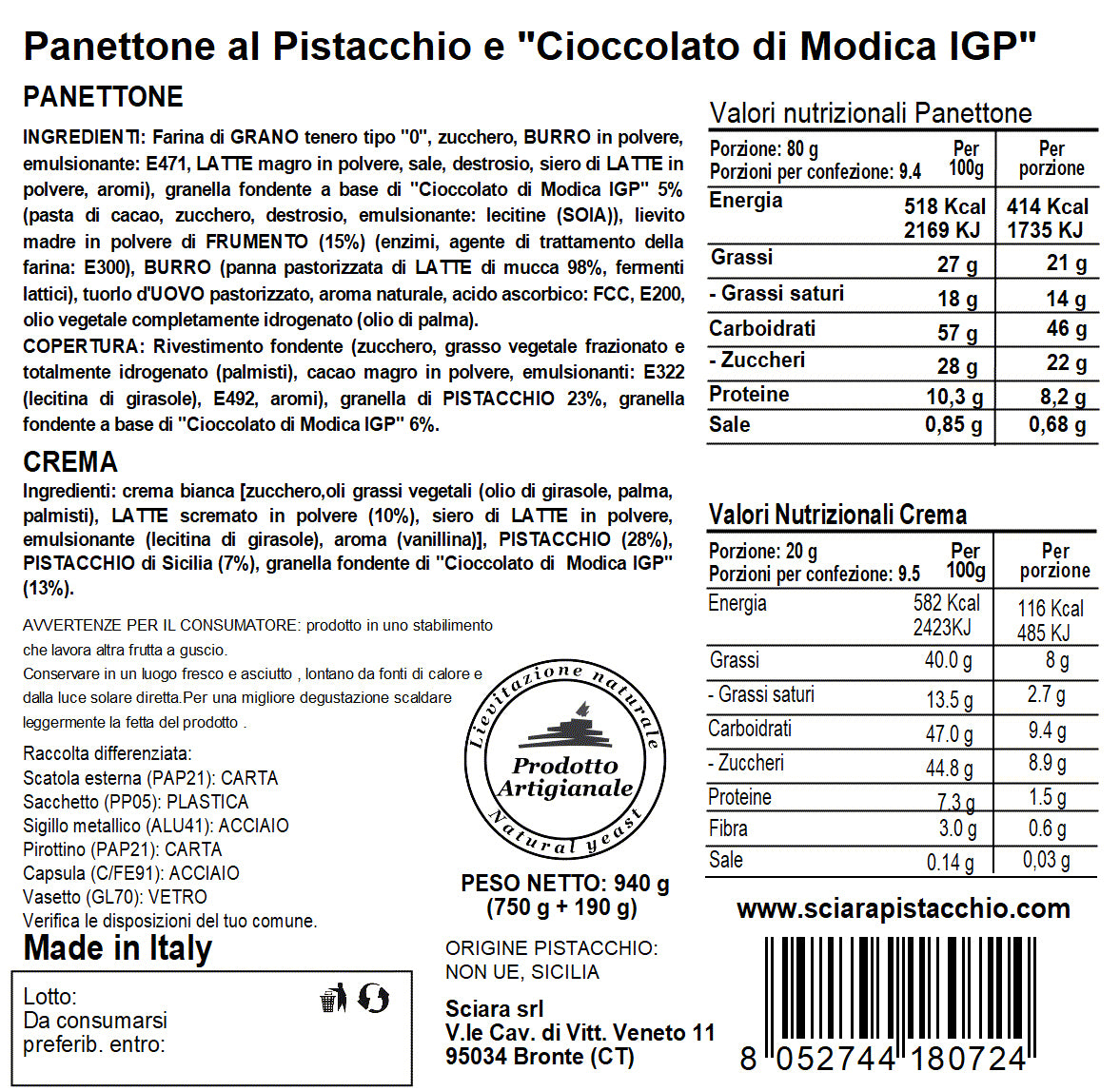 Panettone Pistacchio e "Cioccolato di Modica IGP" - Sciara La terra del pistacchio Bronte