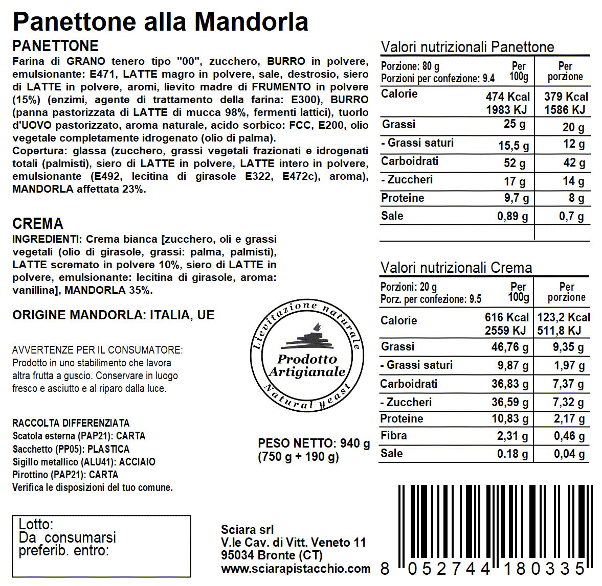 Panettone alla Mandorla a lievitazione naturale - Sciara La terra del pistacchio Bronte