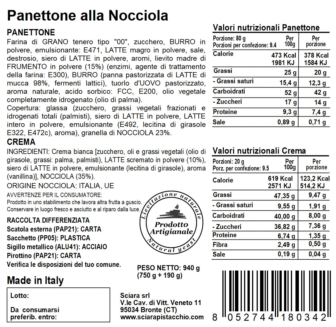 Panettone alla Nocciola a lievitazione naturale - Sciara La terra del pistacchio Bronte