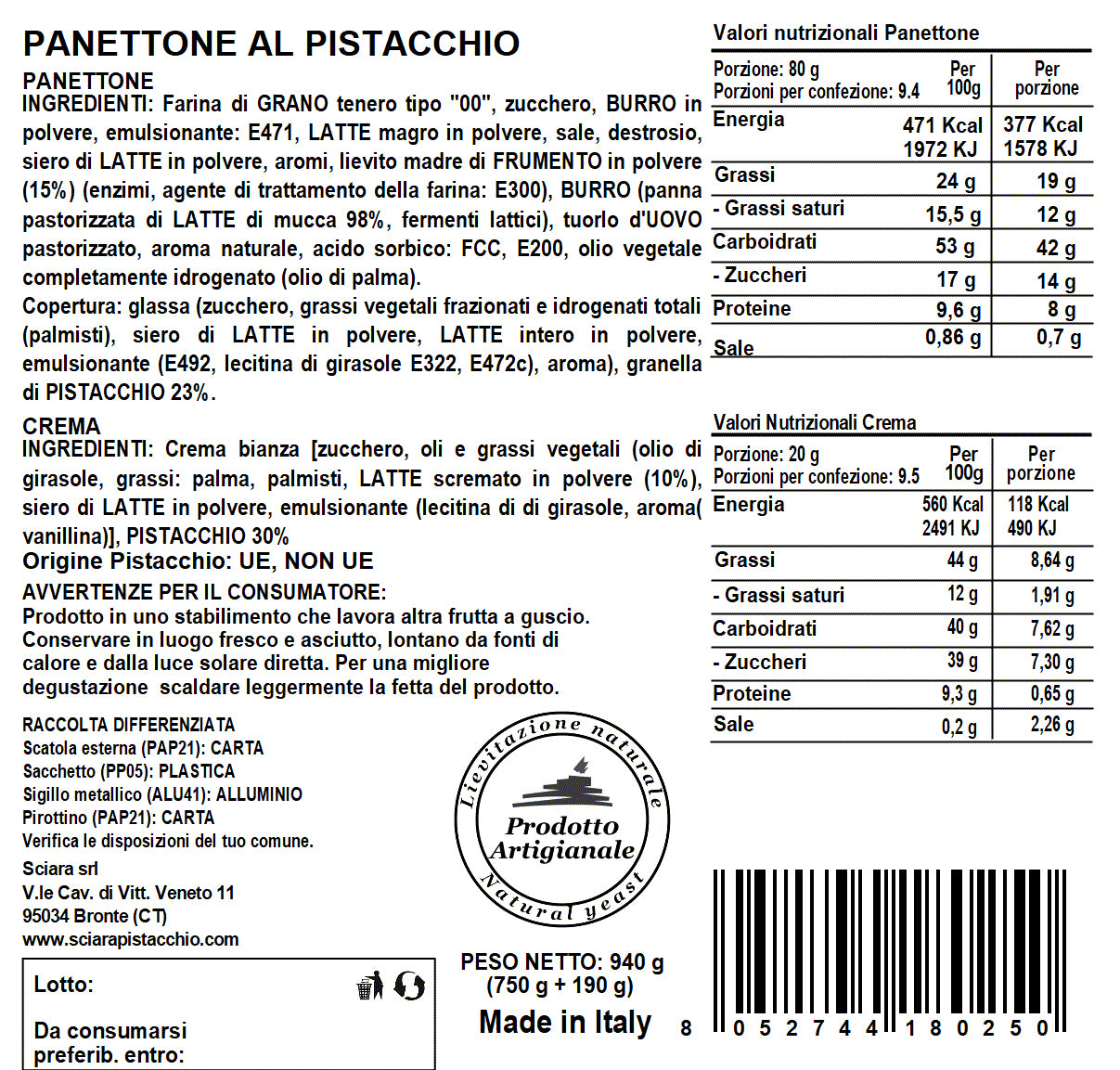 Panettone al Pistacchio a lievitazione naturale - Sciara La terra del pistacchio Bronte