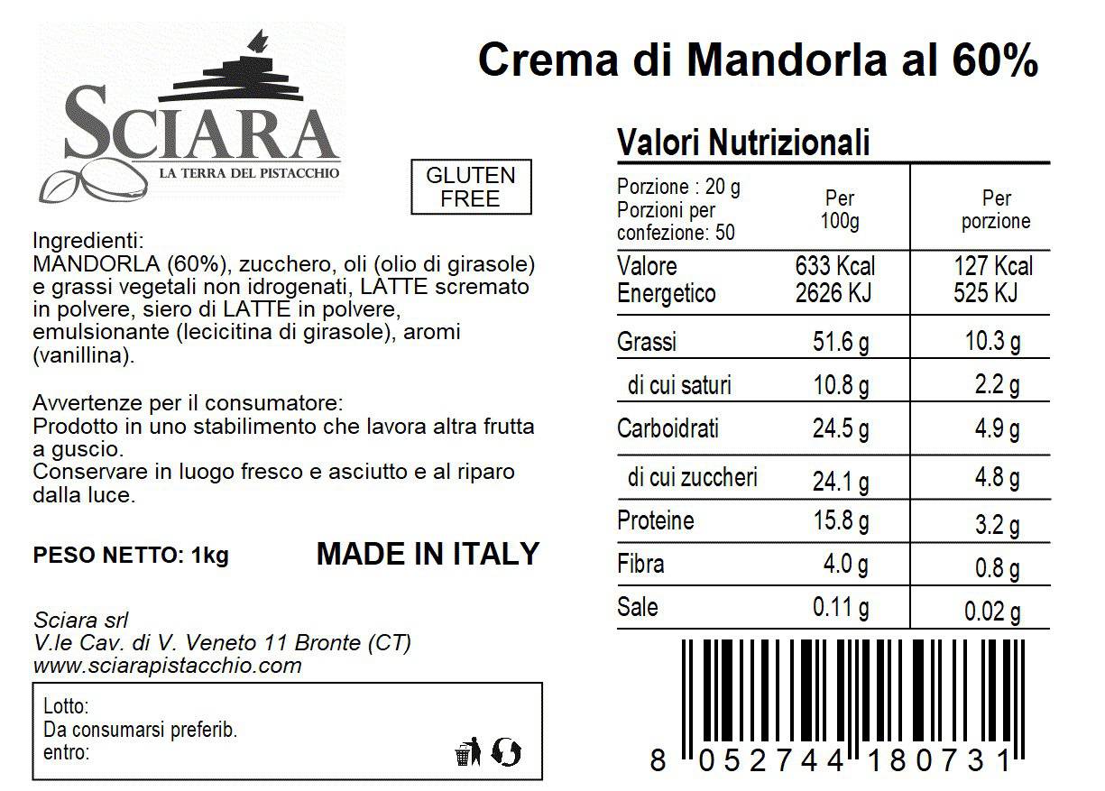 Crema di Mandorla al 60% 1 kg - La Intensa - Sciara La terra del pistacchio Bronte