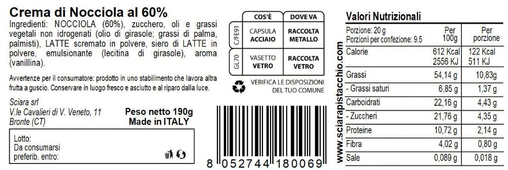 Crema di Nocciola al 60% 190 grammi - La Intensa - Sciara La terra del pistacchio Bronte