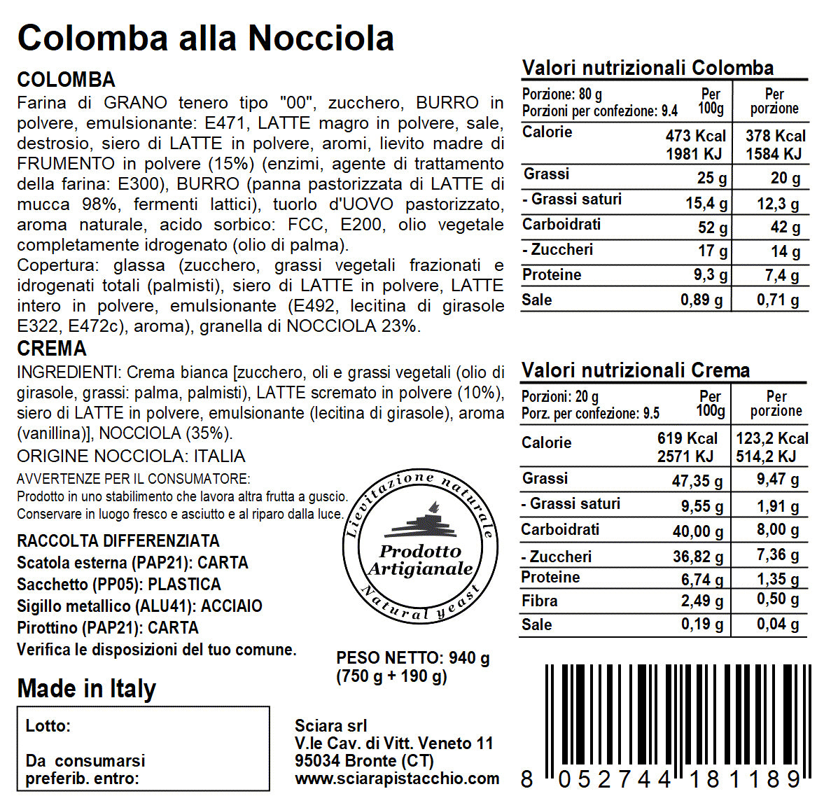 colomba nocciola - dolce di pasqua artigianale con crema di nocciola