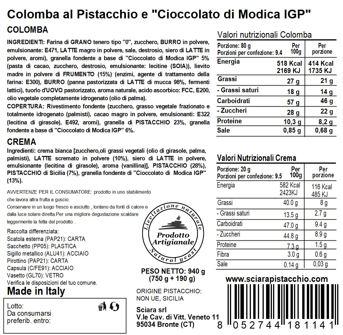 colomba cioccolato pistacchio bronte sciara