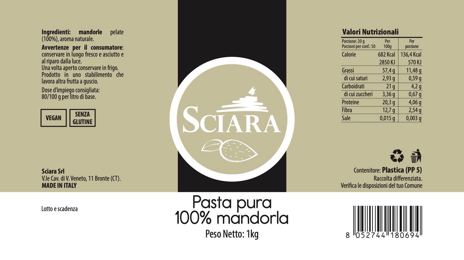 etichetta pasta pura di mandorla - mandorle siciliane per gelati e granite