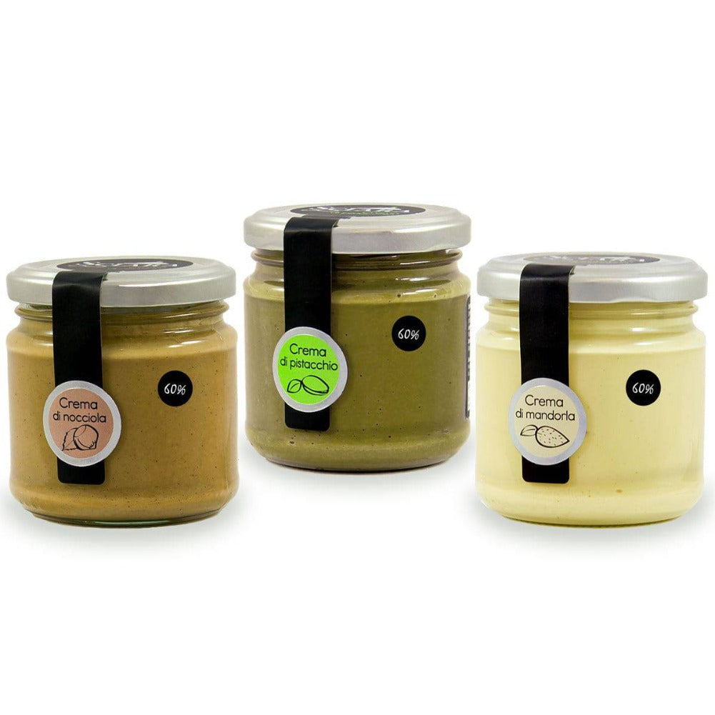 Mix Creme spalmabili al 60% Pistacchio, Mandorla e Nocciola 190 grammi x 3 - Le Intense - Sciara La terra del pistacchio Bronte